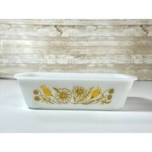 Vintage Glasbake White Glass Yellow / Brown Daisies Baking Loaf Pan Dish